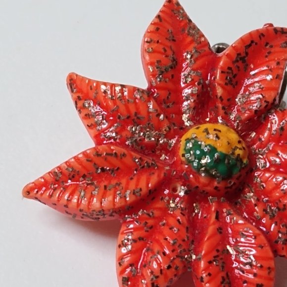 Vintage Red Poinsettia Flower Celluloid Clip On Earrings - Picture 7 of 16